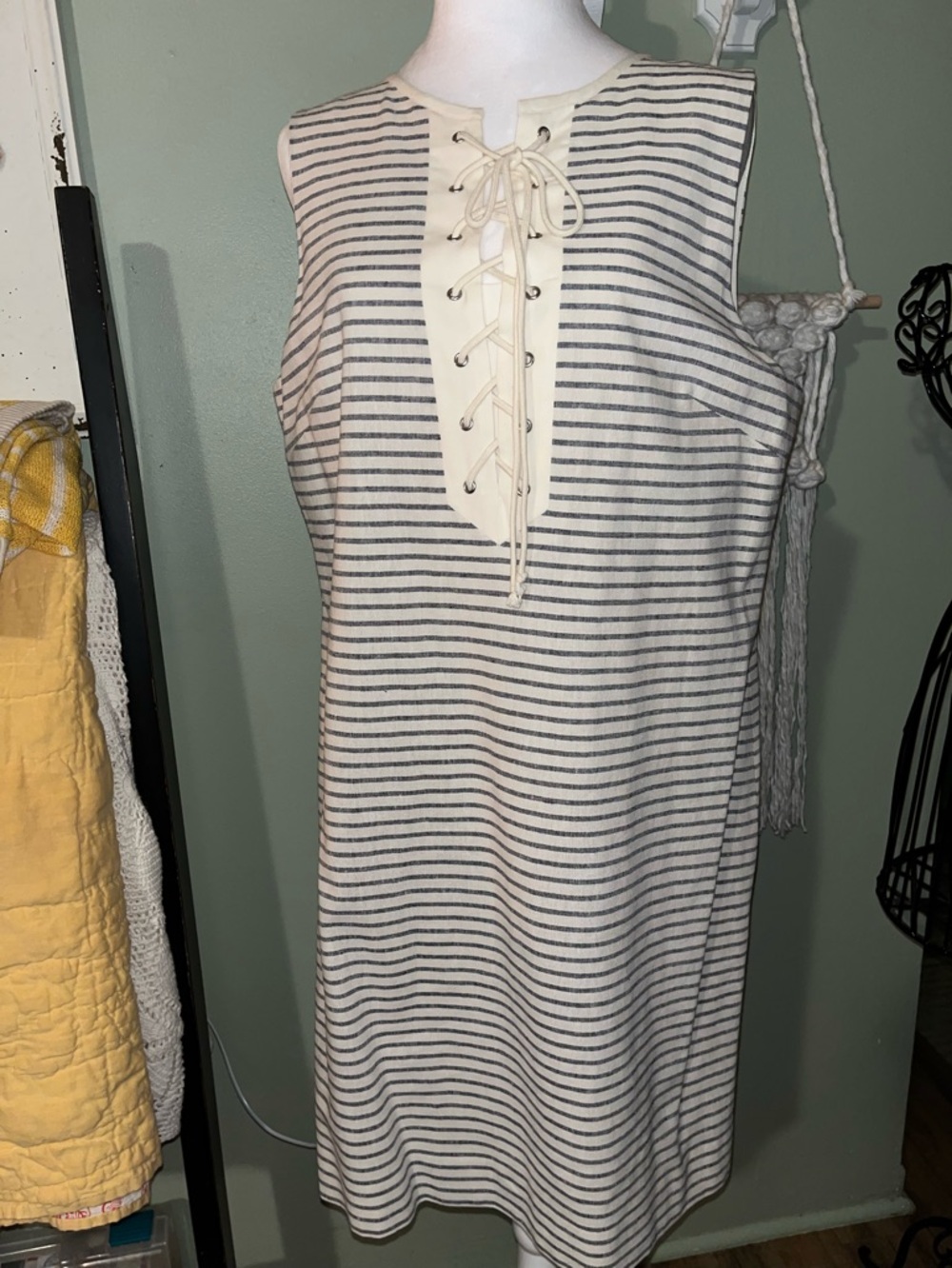 Nautical Sleeveless Striped Lace-Up Shift Dress - Cream & Blue